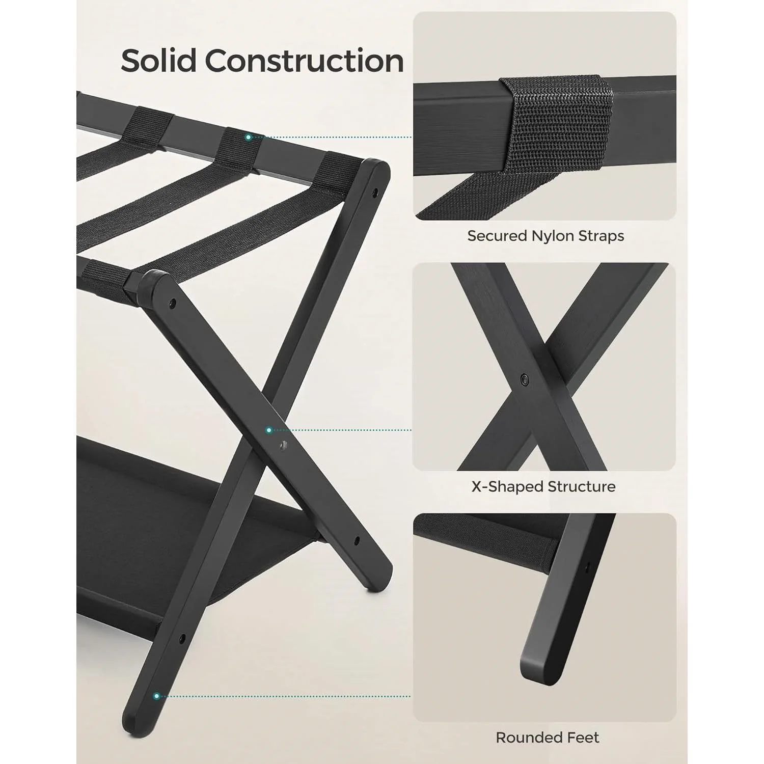 Set of 2 - Sturdy Bamboo Luggage Rack in Black Wood Finish with Lower Storage Shelf - Image 3