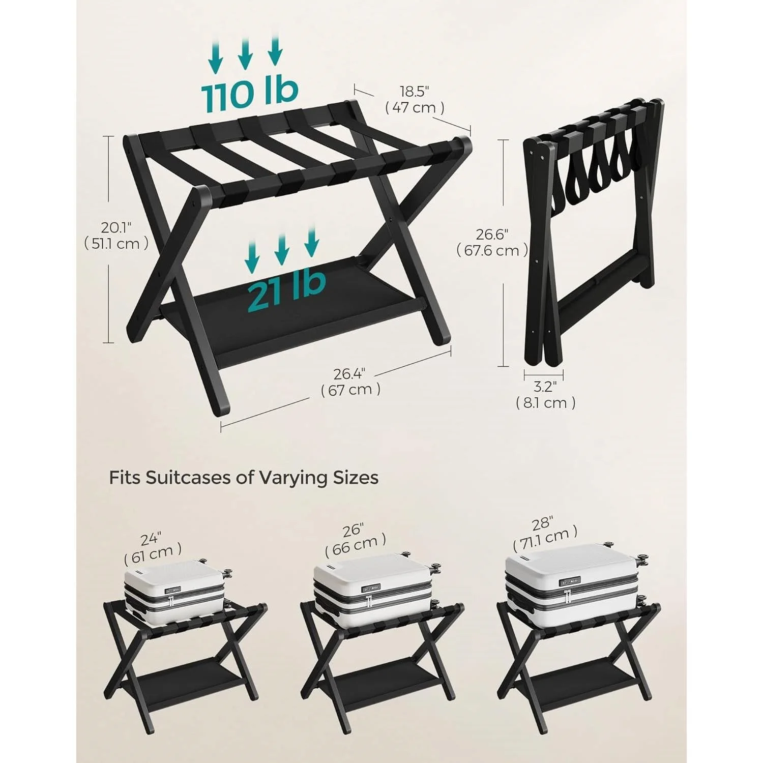 Set of 2 - Sturdy Bamboo Luggage Rack in Black Wood Finish with Lower Storage Shelf - Image 5