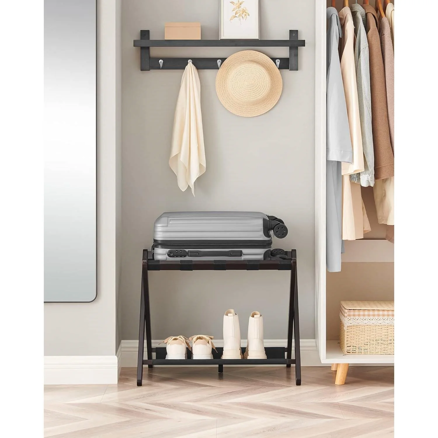 Set of 2 - Sturdy Bamboo Luggage Rack in Brown Wood Finish with Bottom Shelf - Image 4
