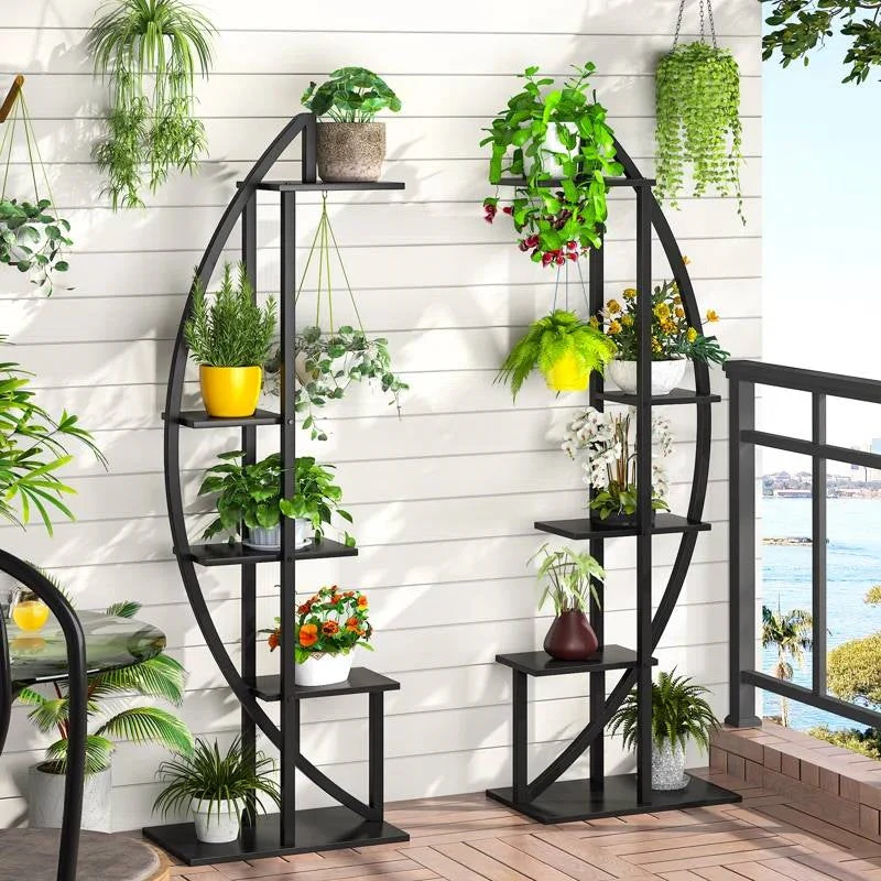 Set of 2 - Symmetrical Modern Black Metal Wood 10-Shelf Plant Stand - Image 2