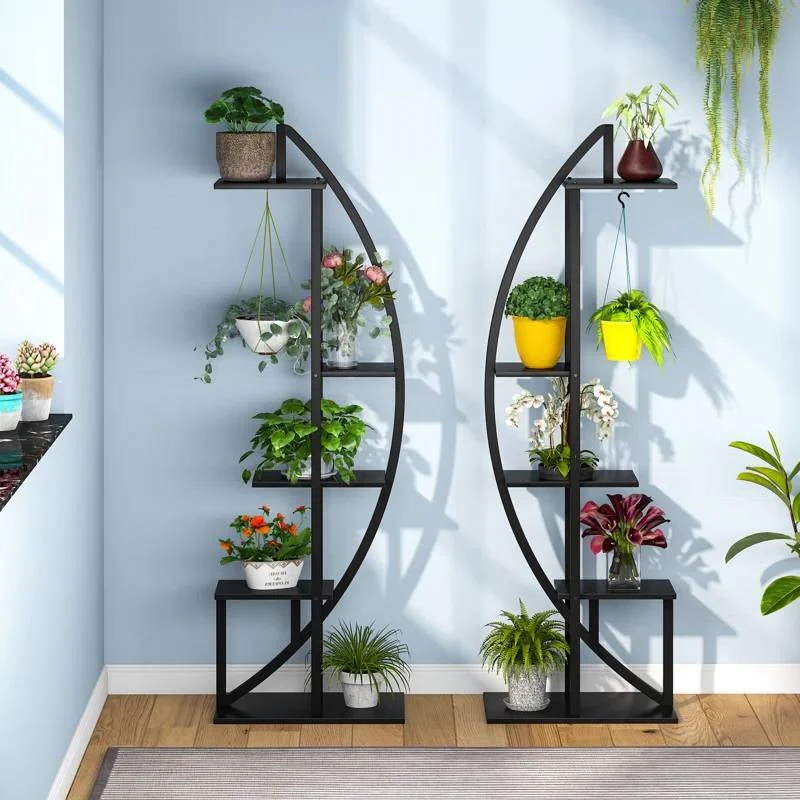 Set of 2 - Symmetrical Modern Black Metal Wood 10-Shelf Plant Stand - Image 3