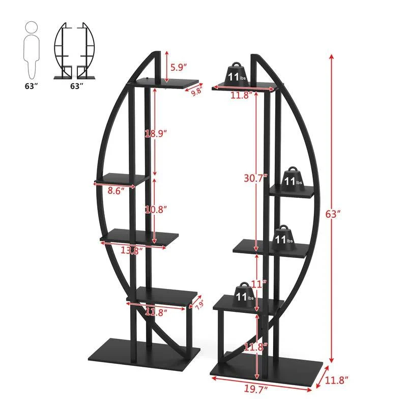 Set of 2 - Symmetrical Modern Black Metal Wood 10-Shelf Plant Stand - Image 5