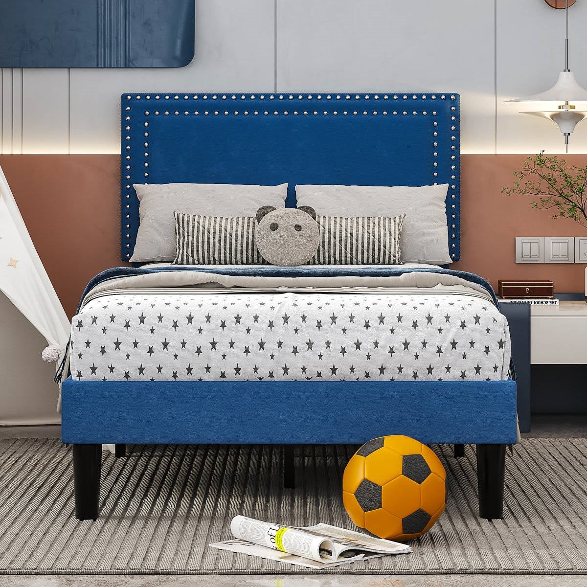 Set of 2 - Twin Dark Blue Upholstered Platform Bed with Nailhead Trim Headboard - Image 2
