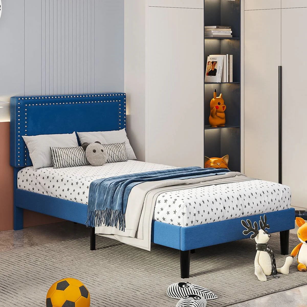 Set of 2 - Twin Dark Blue Upholstered Platform Bed with Nailhead Trim Headboard - Image 3