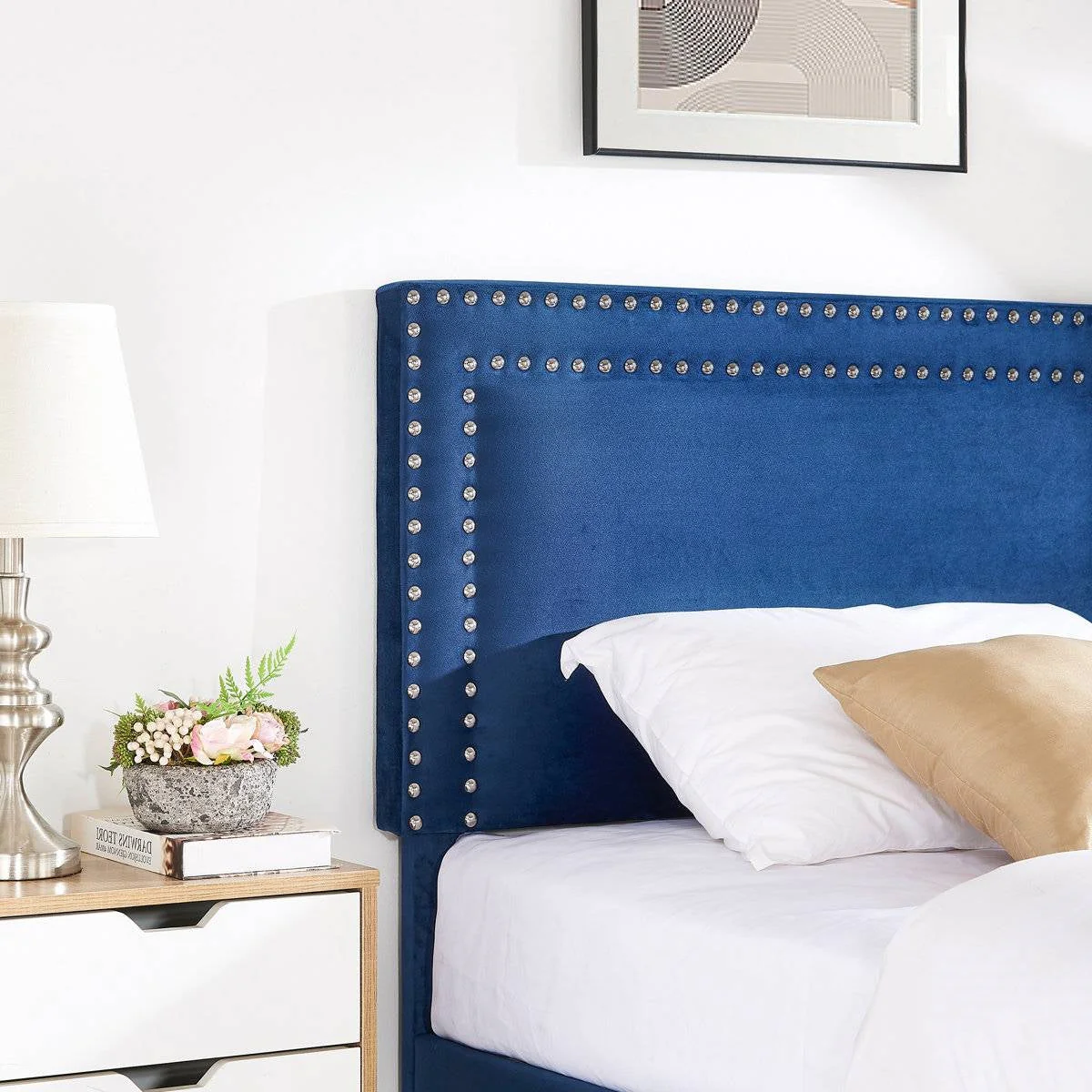 Set of 2 - Twin Dark Blue Upholstered Platform Bed with Nailhead Trim Headboard - Image 4