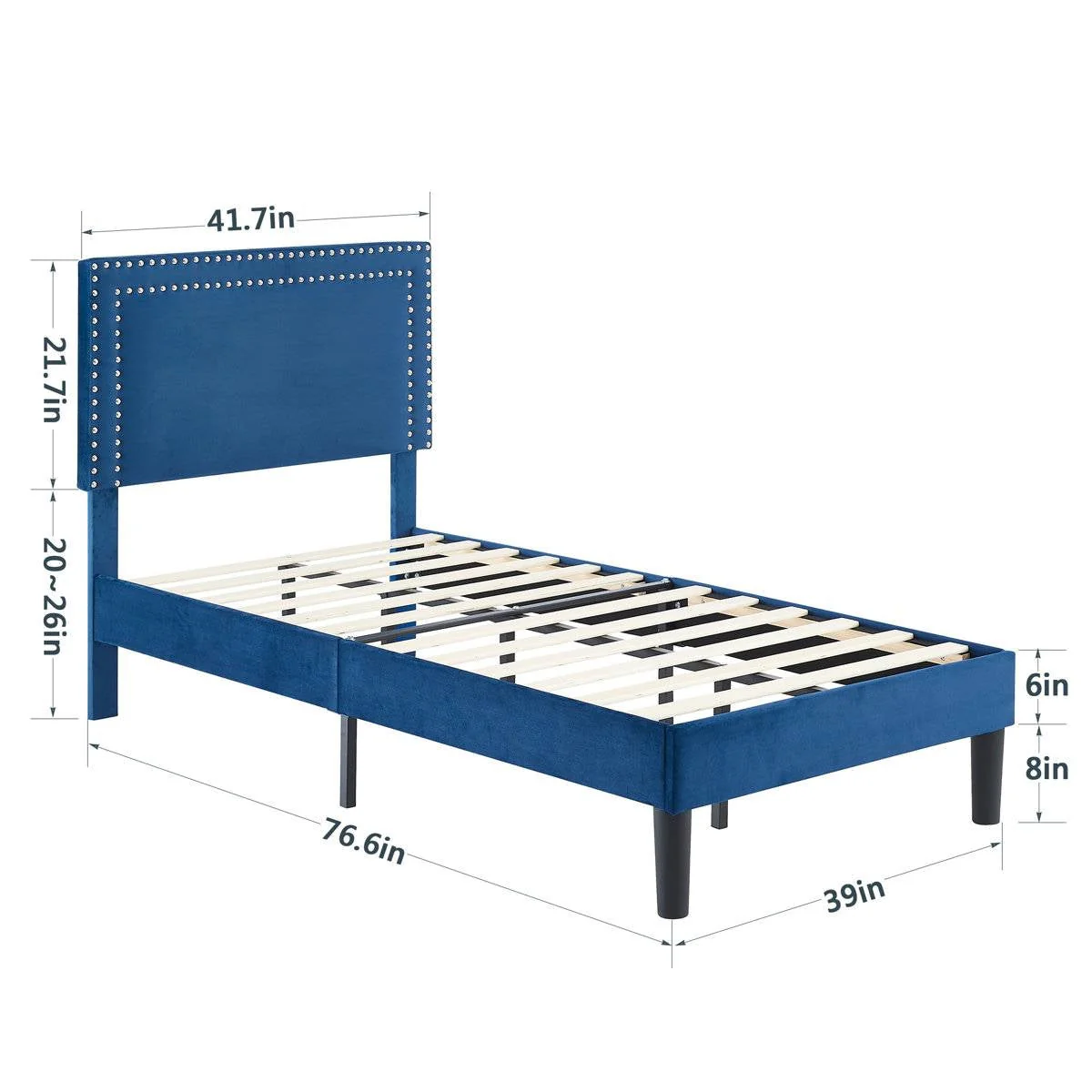 Set of 2 - Twin Dark Blue Upholstered Platform Bed with Nailhead Trim Headboard - Image 5