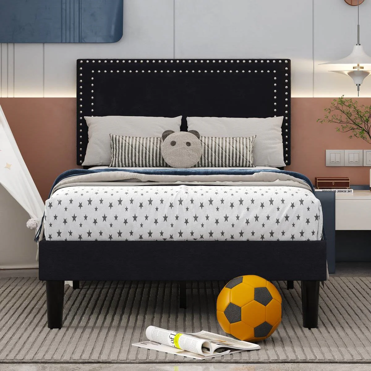 Set of 2 - Twin Dorm Style Black Tufted Upholstered Platform Bed with Headboard - Image 3