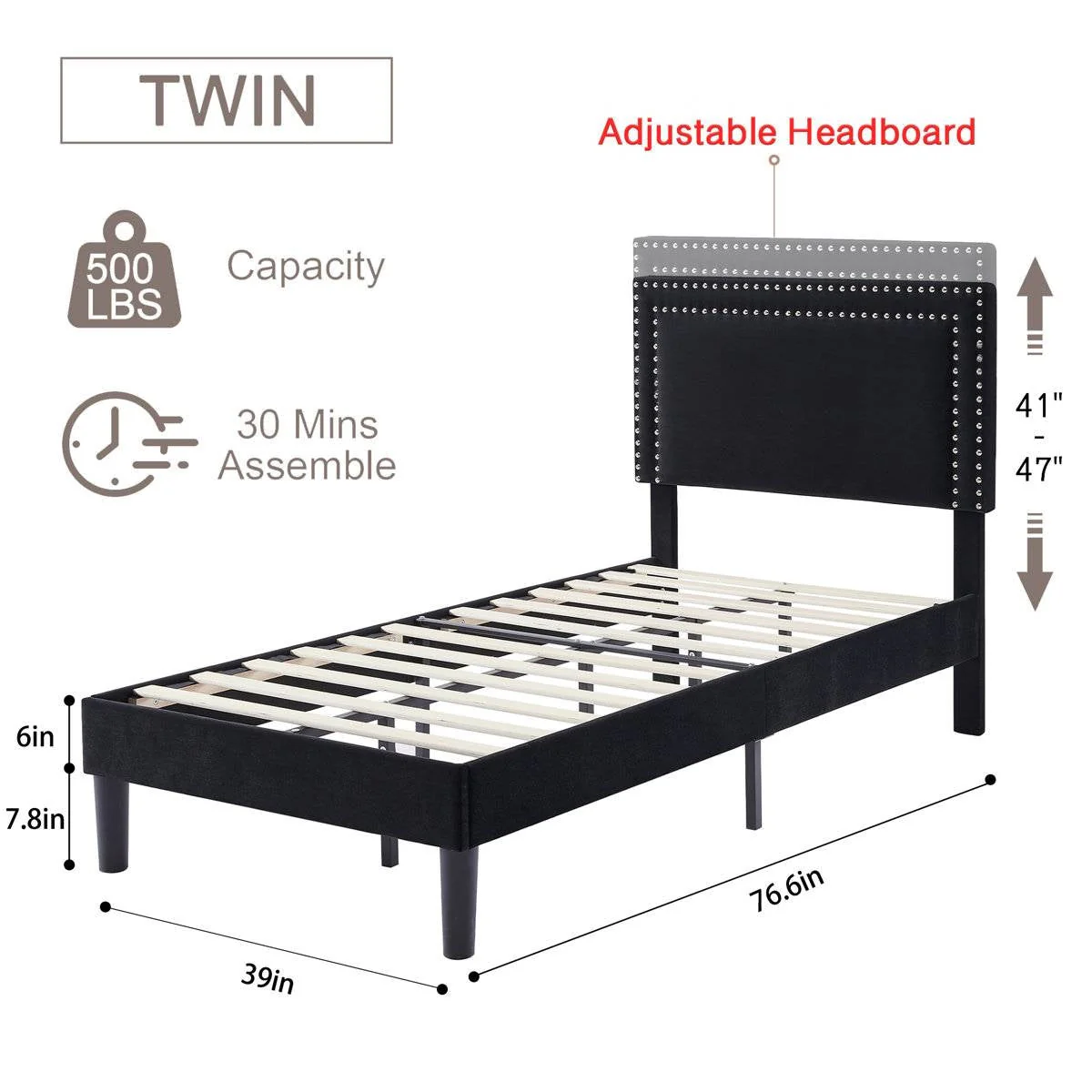 Set of 2 - Twin Dorm Style Black Tufted Upholstered Platform Bed with Headboard - Image 5