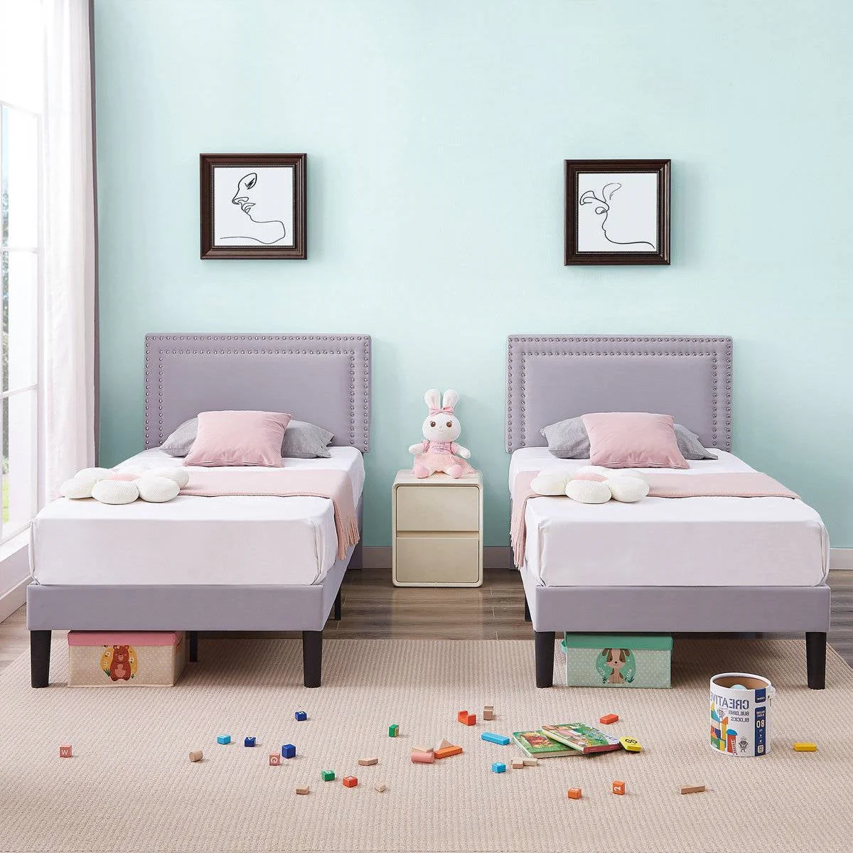 Set of 2 - Twin size Grey Upholstered Platform Bed Frame with Headboard - Image 2