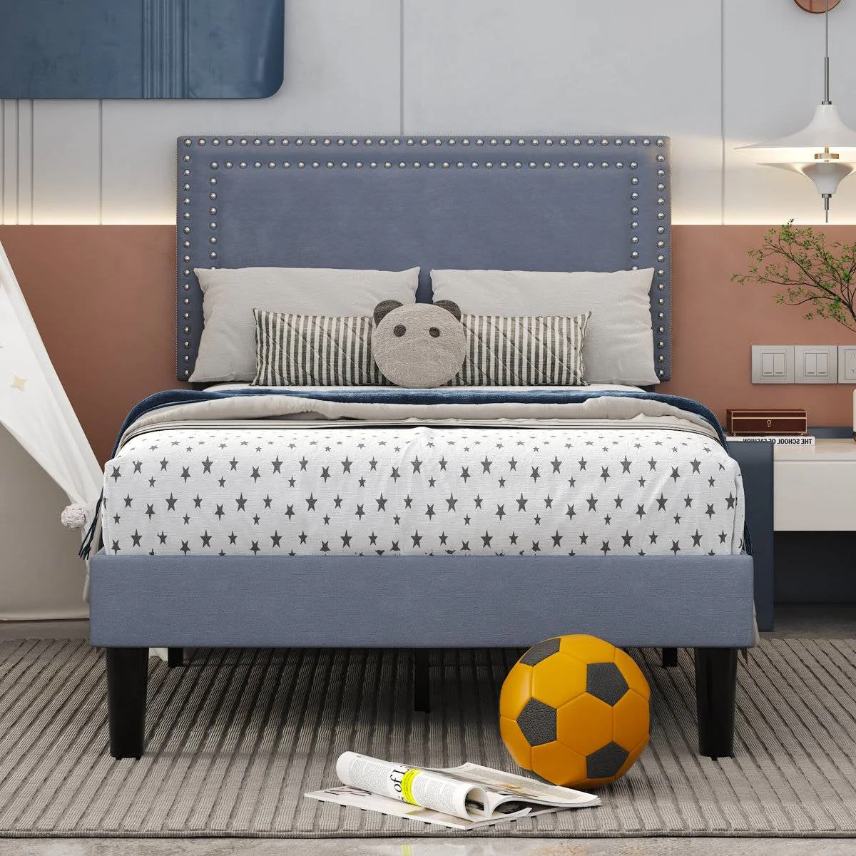 Set of 2 - Twin size Grey Upholstered Platform Bed Frame with Headboard - Image 3