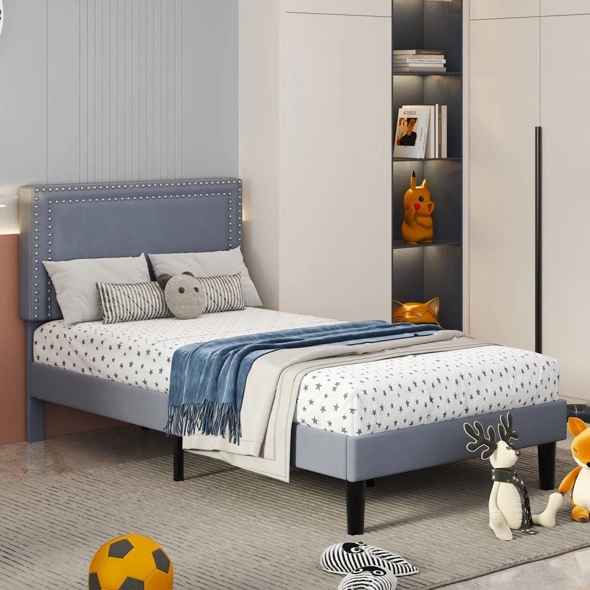 Set of 2 - Twin size Grey Upholstered Platform Bed Frame with Headboard - Image 4