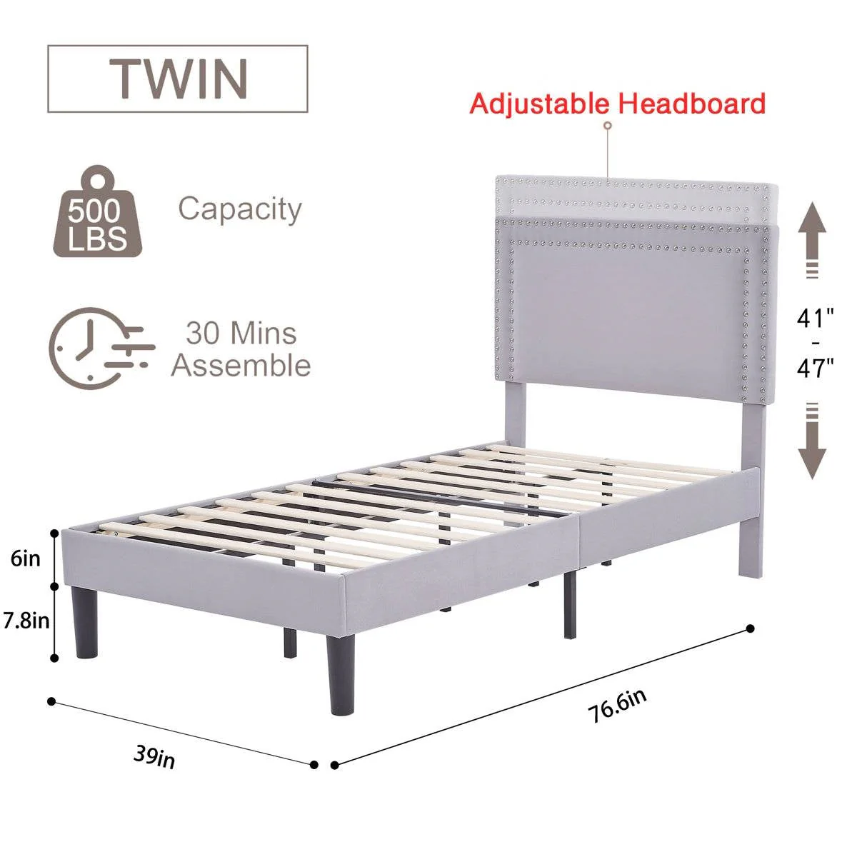 Set of 2 - Twin size Grey Upholstered Platform Bed Frame with Headboard - Image 5