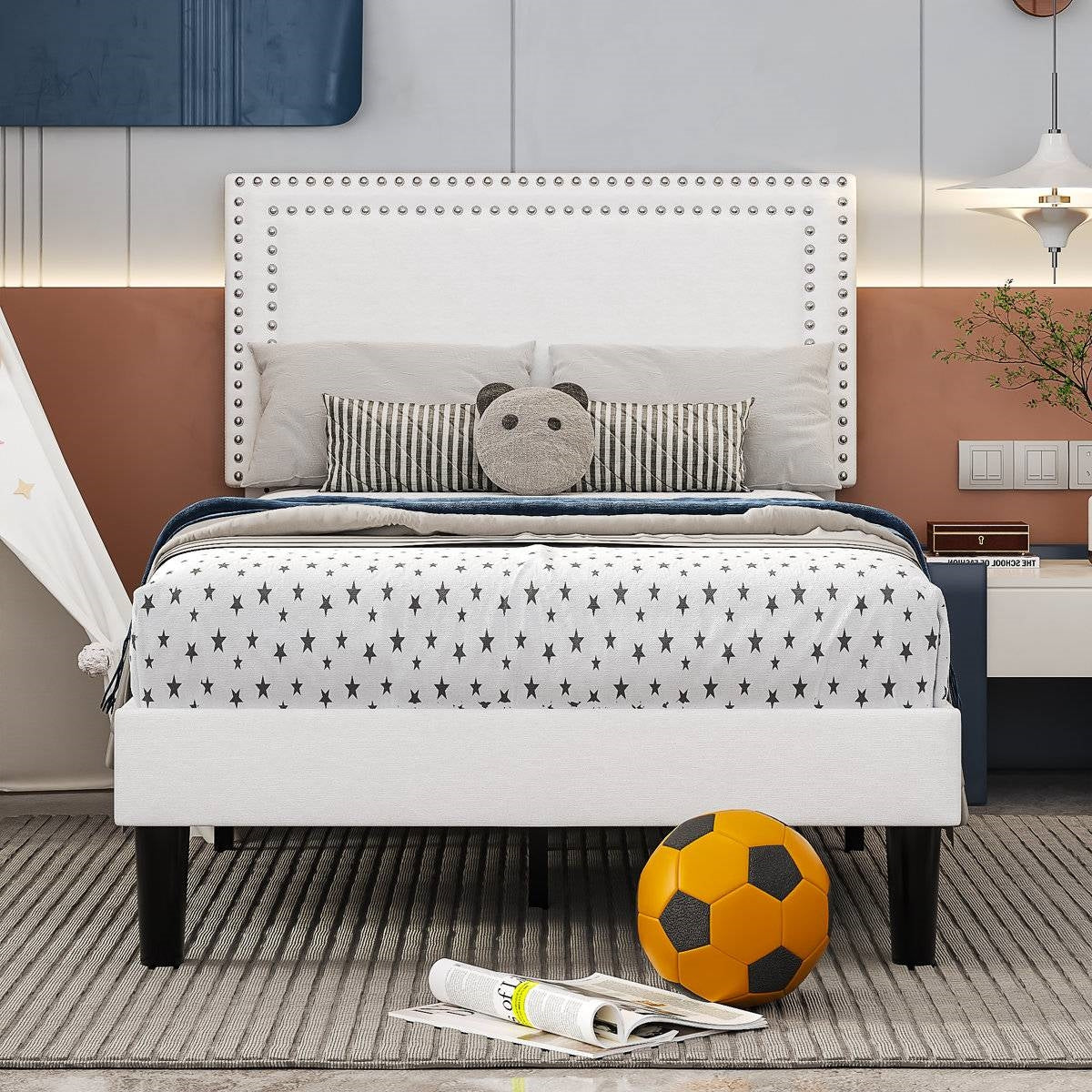 Set of 2 - Twin size White Tufted Upholstered Platform Bed Frame with Headboard - Image 3