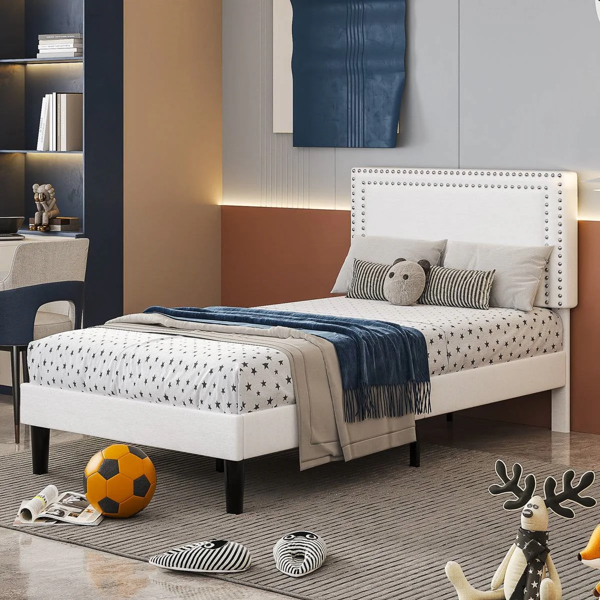 Set of 2 - Twin size White Tufted Upholstered Platform Bed Frame with Headboard - Image 4
