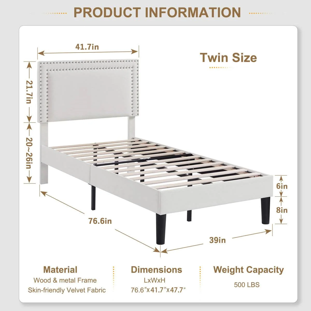 Set of 2 - Twin size White Tufted Upholstered Platform Bed Frame with Headboard - Image 5
