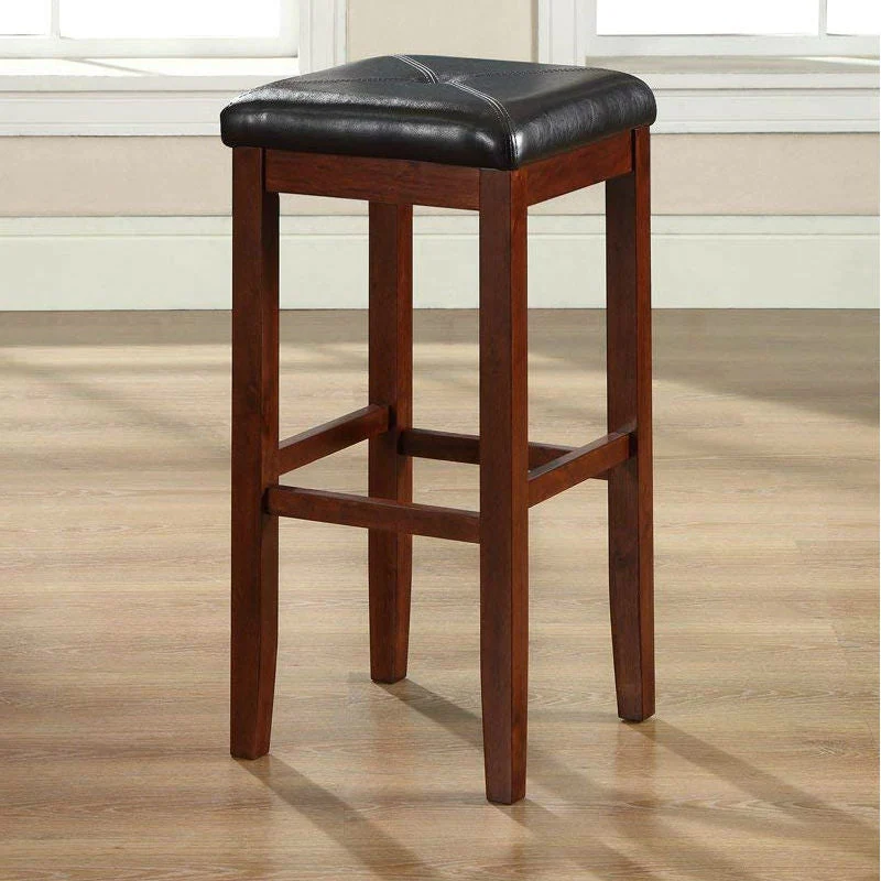 Set of 2 Vintage Mahogany Stools with Black Upholstered Seat - Image 3