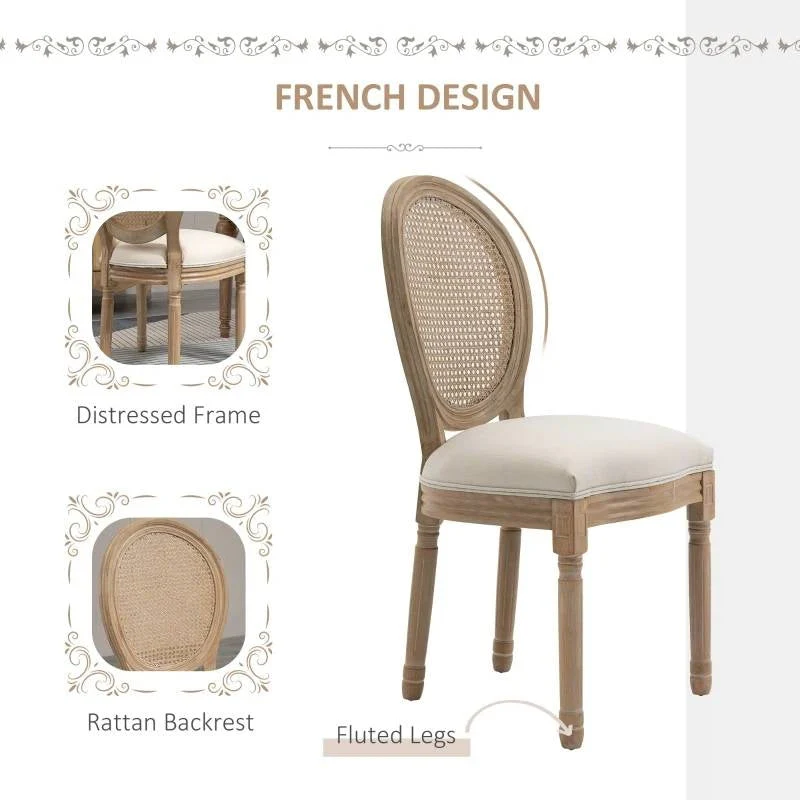 Set of 2 Vintage Upholstered Armless Rattan Back Dining Chairs Beige White - Image 3