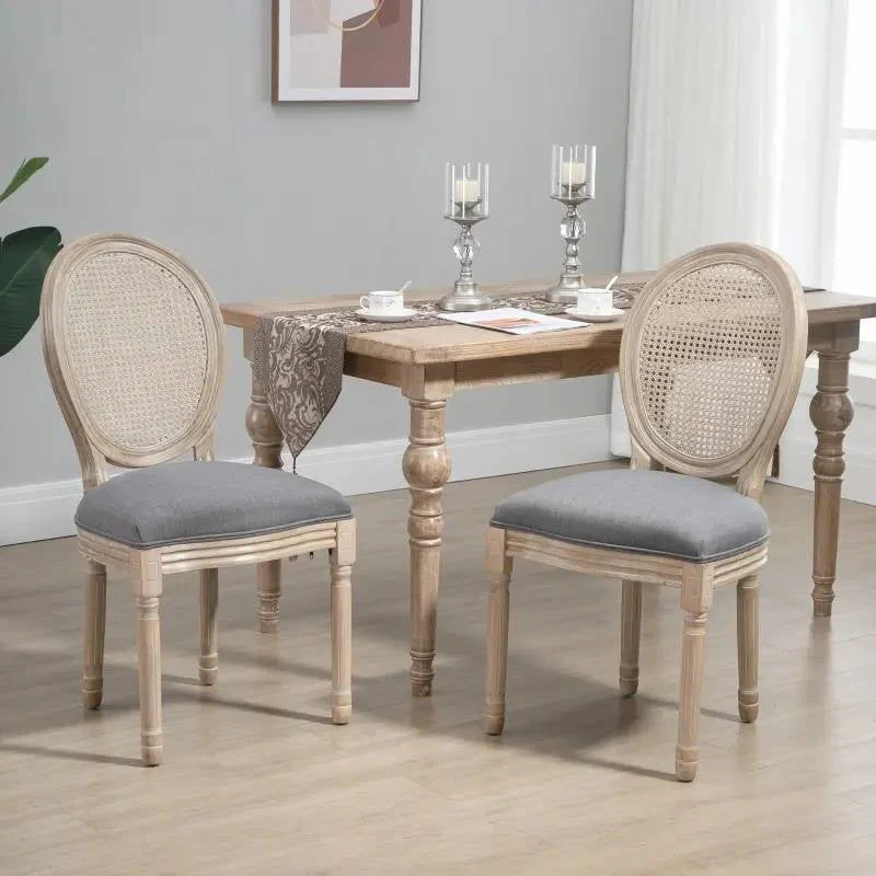 Set of 2 Vintage Upholstered Armless Rattan Back Dining Chairs Grey Wash - Image 2