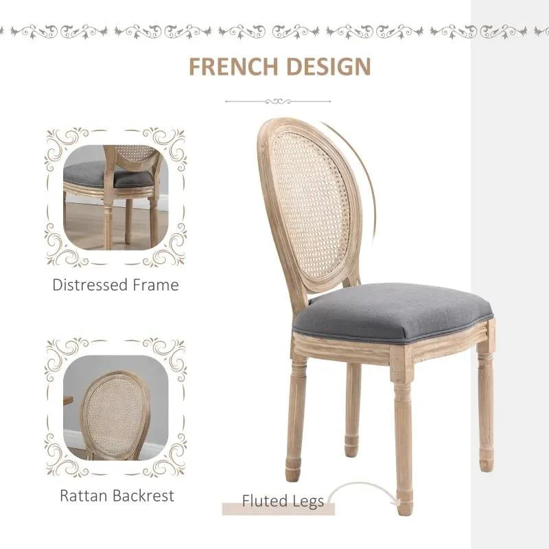 Set of 2 Vintage Upholstered Armless Rattan Back Dining Chairs Grey Wash - Image 3