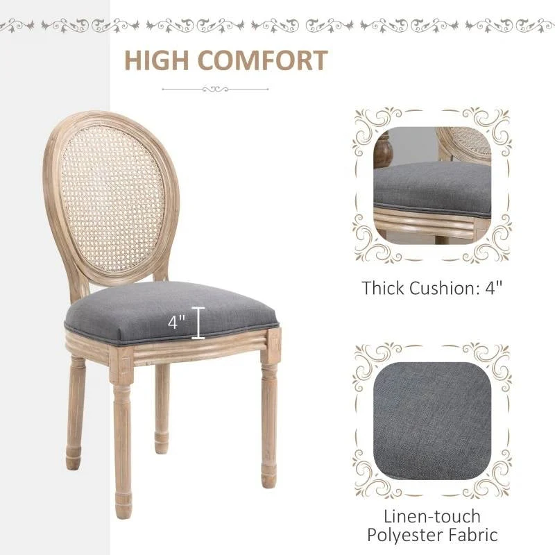 Set of 2 Vintage Upholstered Armless Rattan Back Dining Chairs Grey Wash - Image 4