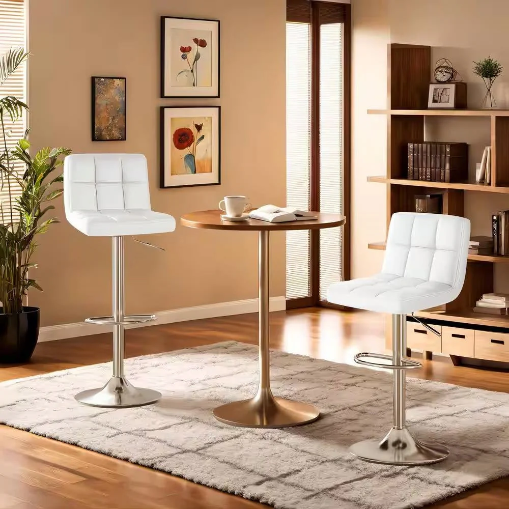 Set of 2- White Faux Leather Barstool with Low Back Swivel Seat - Image 2
