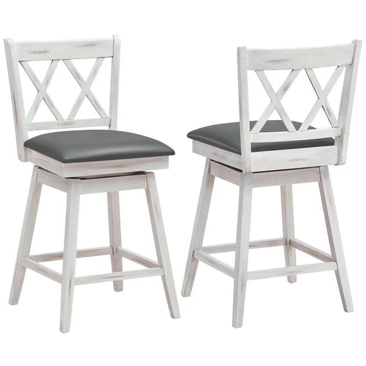 Set of 2 White Wood 24-in Counter Height Farmhouse Swivel Cushion Seat Barstools - Image 2