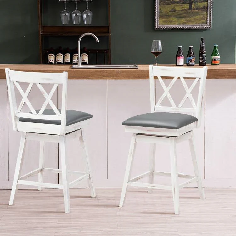 Set of 2 White Wood 24-in Counter Height Farmhouse Swivel Cushion Seat Barstools - Image 3