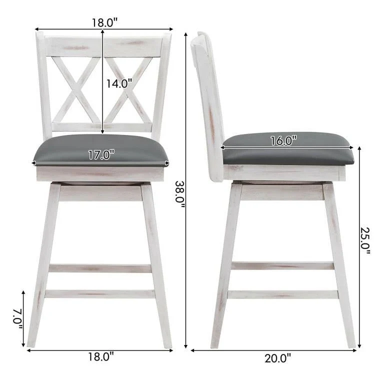 Set of 2 White Wood 24-in Counter Height Farmhouse Swivel Cushion Seat Barstools - Image 5