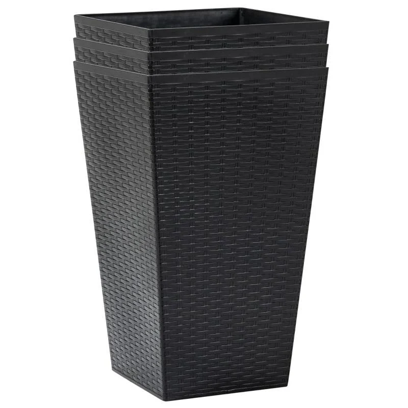 Set of 3 - Black Faux Rattan Plastic Tall Large Flower Pots - Image 2