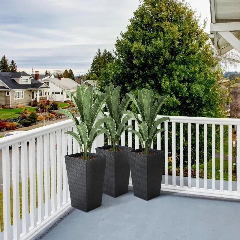 Set of 3 - Black Faux Rattan Plastic Tall Large Flower Pots - Image 3