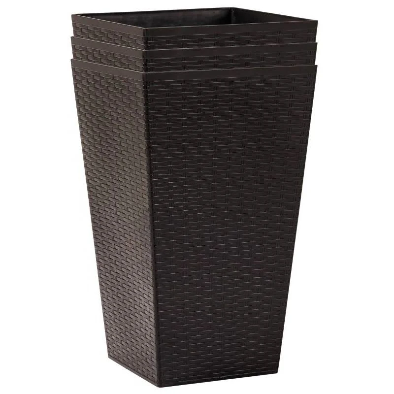 Set of 3 - Brown Faux Rattan Plastic Tall Large Flower Pots - Image 2