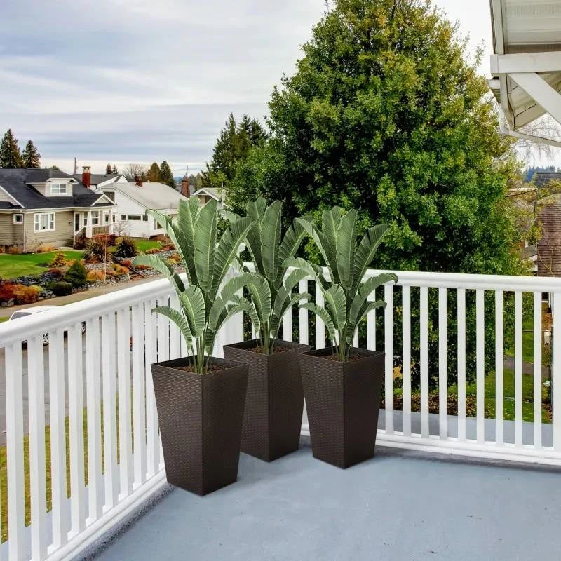 Set of 3 - Brown Faux Rattan Plastic Tall Large Flower Pots - Image 3
