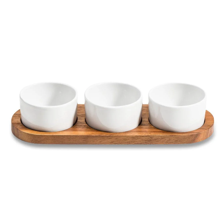 Set of 3 Ceramic Bowls with Acacia Wood Lids and Base – Elegant Kitchenware - Image 2
