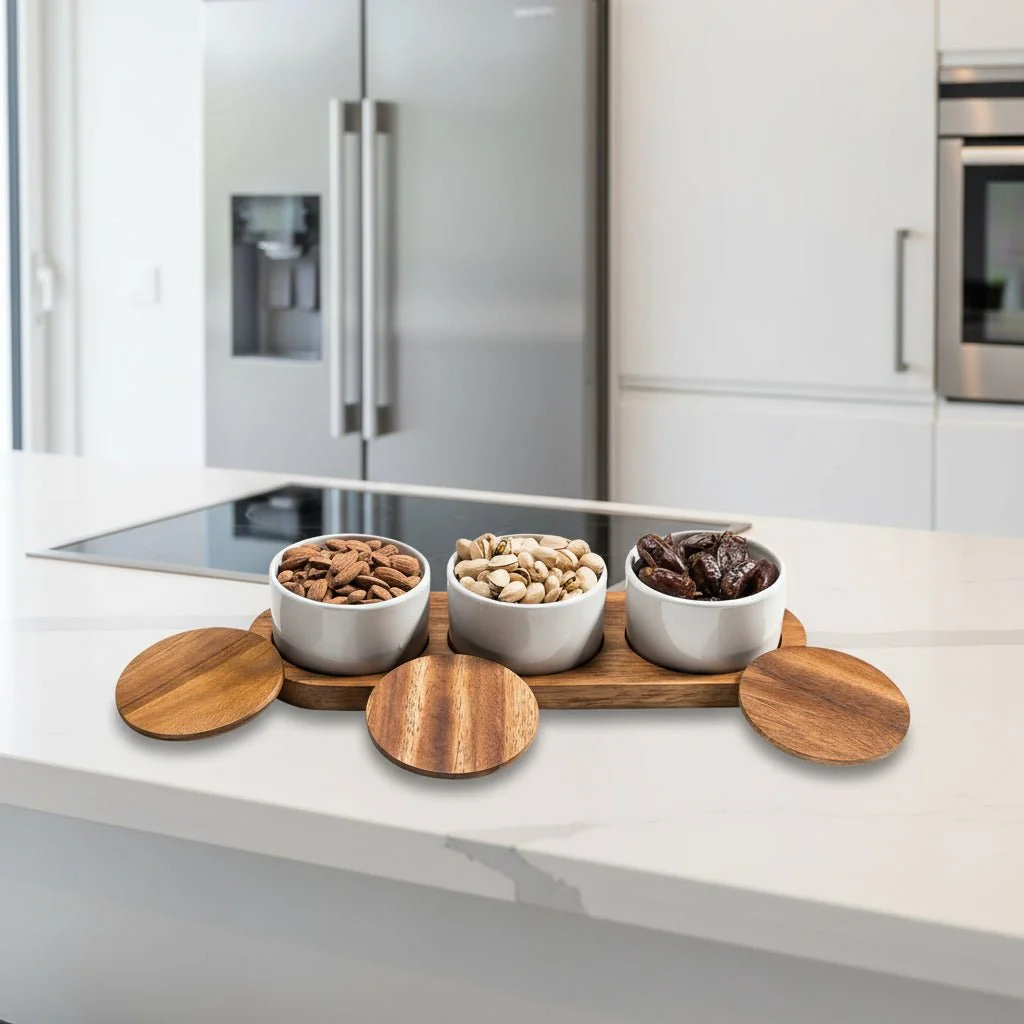 Set of 3 Ceramic Bowls with Acacia Wood Lids and Base – Elegant Kitchenware - Image 3
