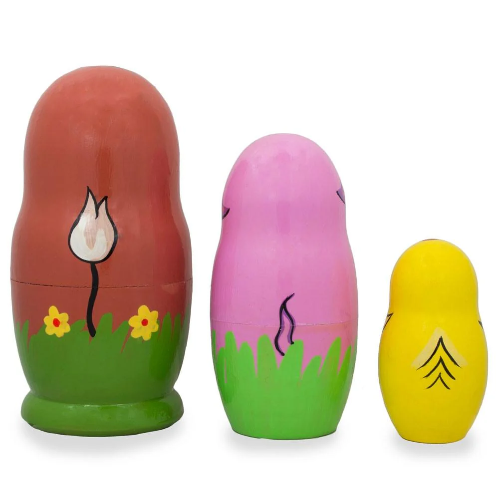 Set of 3 Cow, Pig and Chicken Wooden Nesting Dolls 4.25 Inches - Image 2