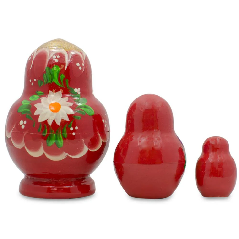 Set of 3 Floral Red Miniature  Nesting Dolls 3.5 Inches - Image 2
