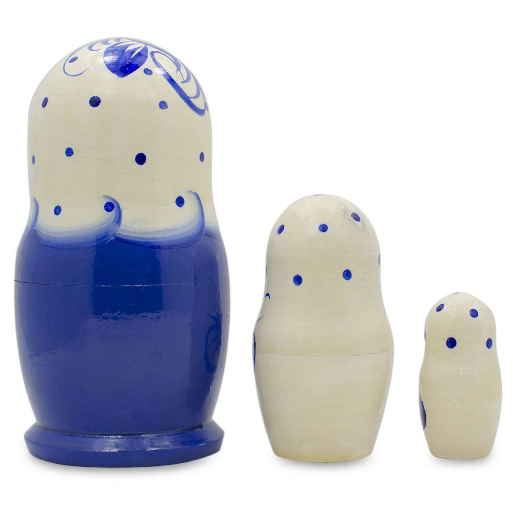 Set of 3 Gzhel Painting Blue Wooden Matryoshka Nesting Dolls 3.75 Inches - Image 2