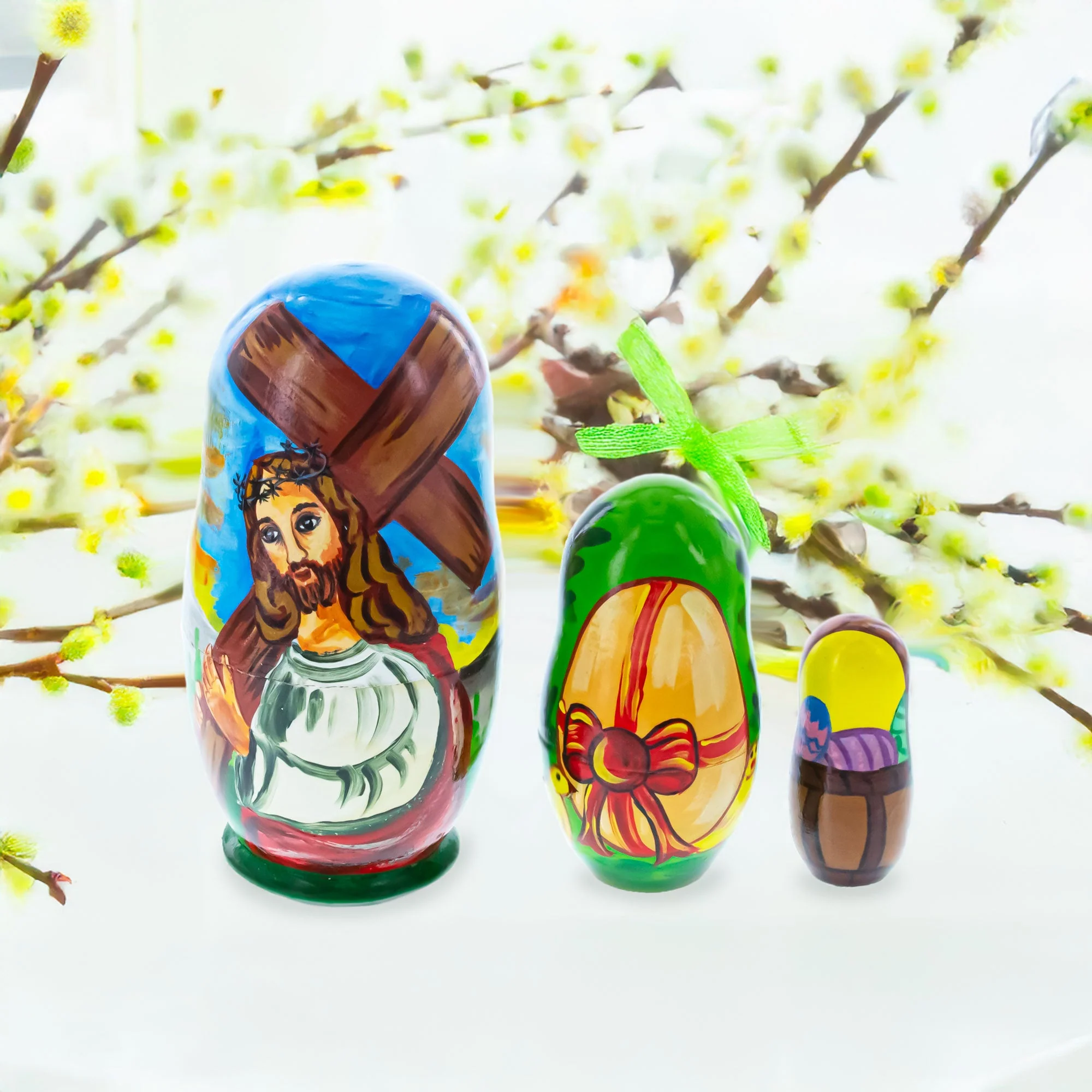 Set of 3 Jesus with Cross, Easter Eggs Wooden Nesting Dolls 4.25 Inches - Image 2