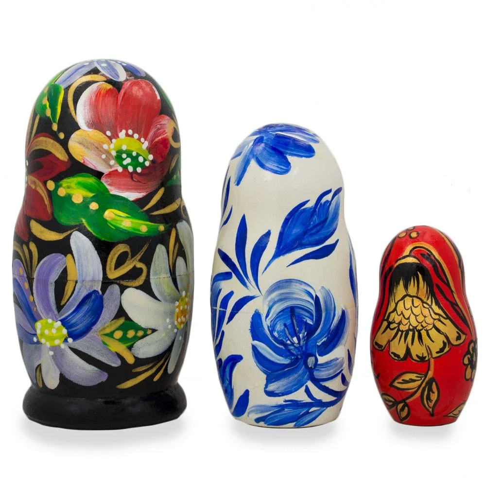 Set of 3 Khokhloma Flowers Wooden Nesting Dolls 4.25 Inches - Image 2