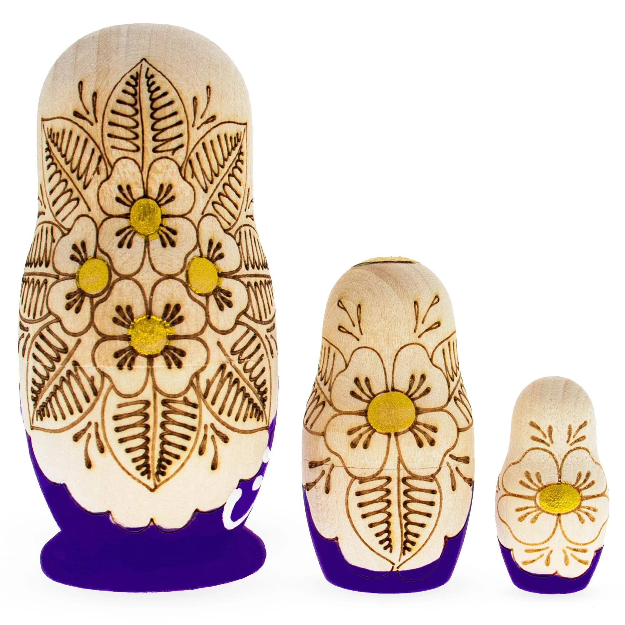 Set of 3 Purple Woodburning Style Wooden Nesting Dolls - Image 2
