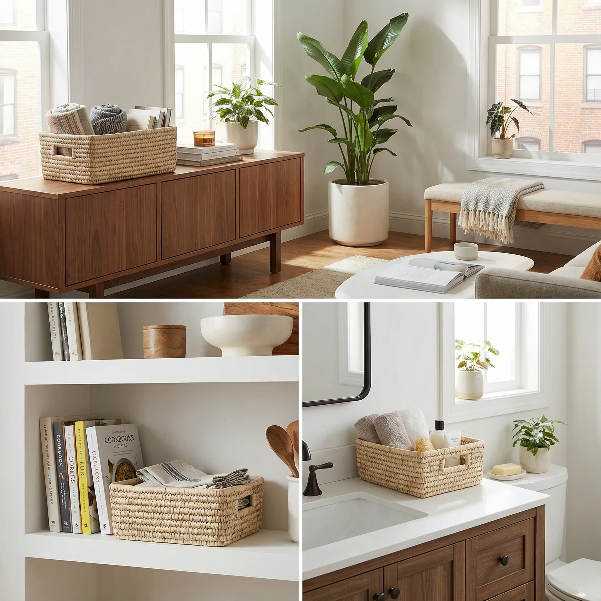 Set of 3 Rectangular Baskets | Storage Bins with Handles Home Shelf Organizers - Image 2
