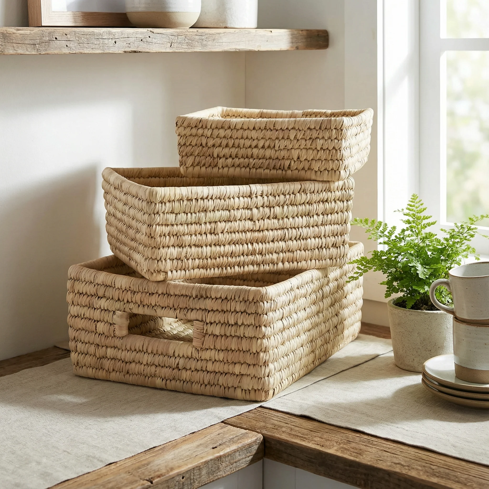 Set of 3 Rectangular Baskets | Storage Bins with Handles Home Shelf Organizers - Image 7