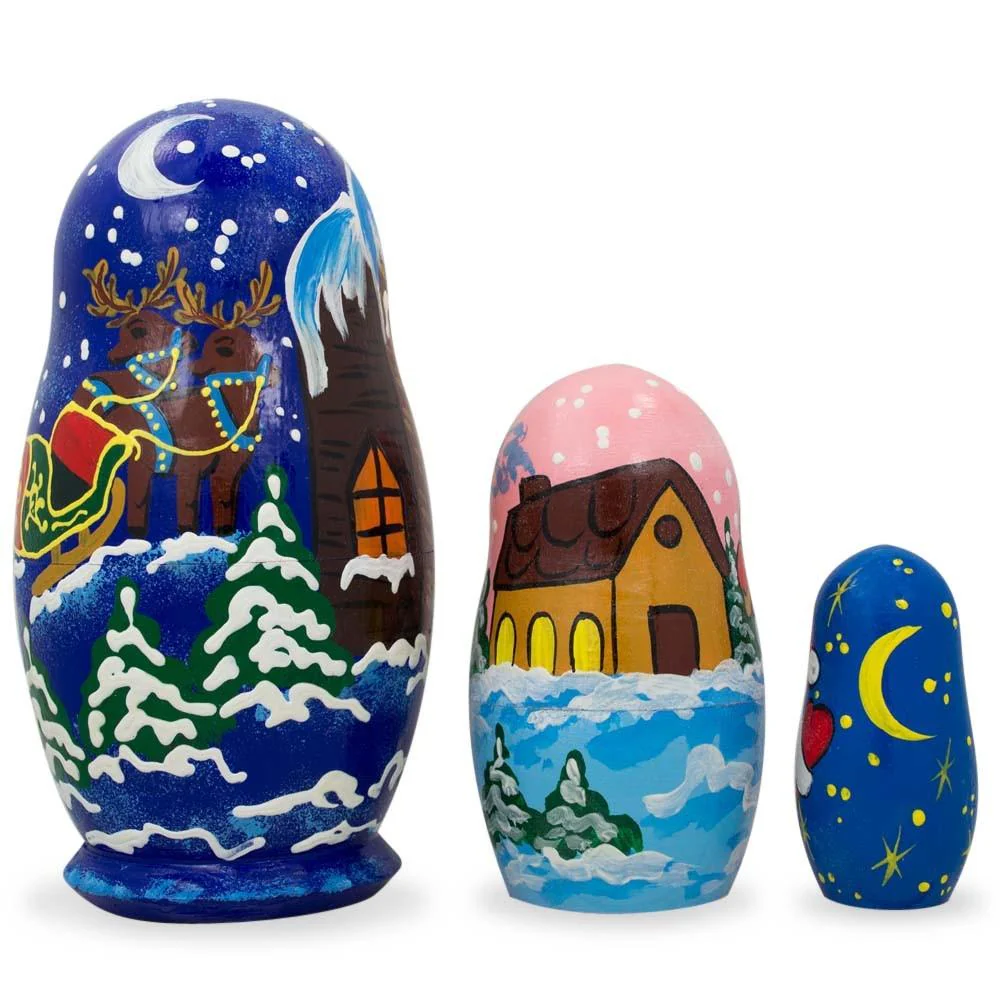 Set of 3 Santa's Delivering Gifts Wooden Nesting Dolls 4.25 Inches - Image 2