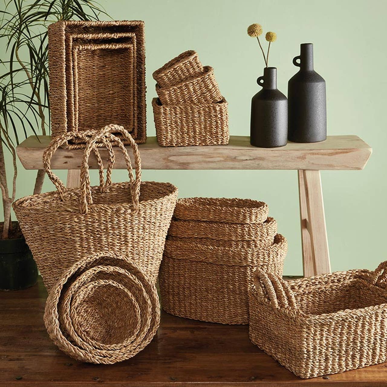 Set of 3 Seagrass Round Chakas Basket Set | Rustic Home Office Storage - Image 2