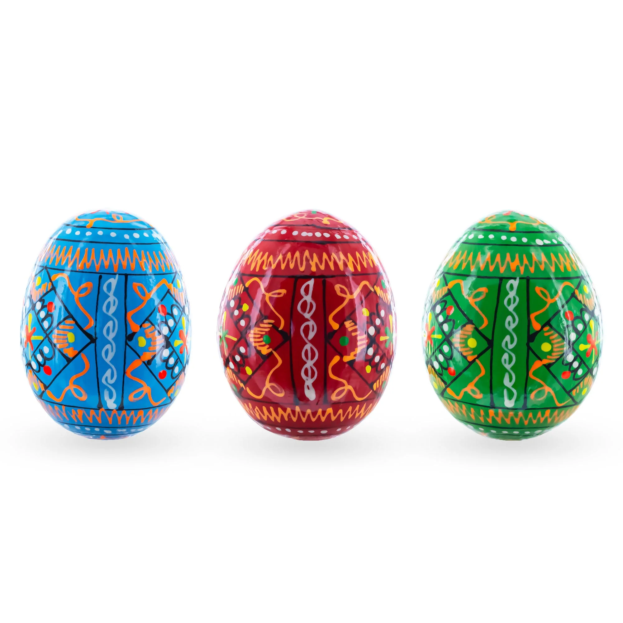 Set of 3 Vibrant Geometric Ukrainian Pysanky Wooden Easter Eggs 2.5 Inches - Image 3