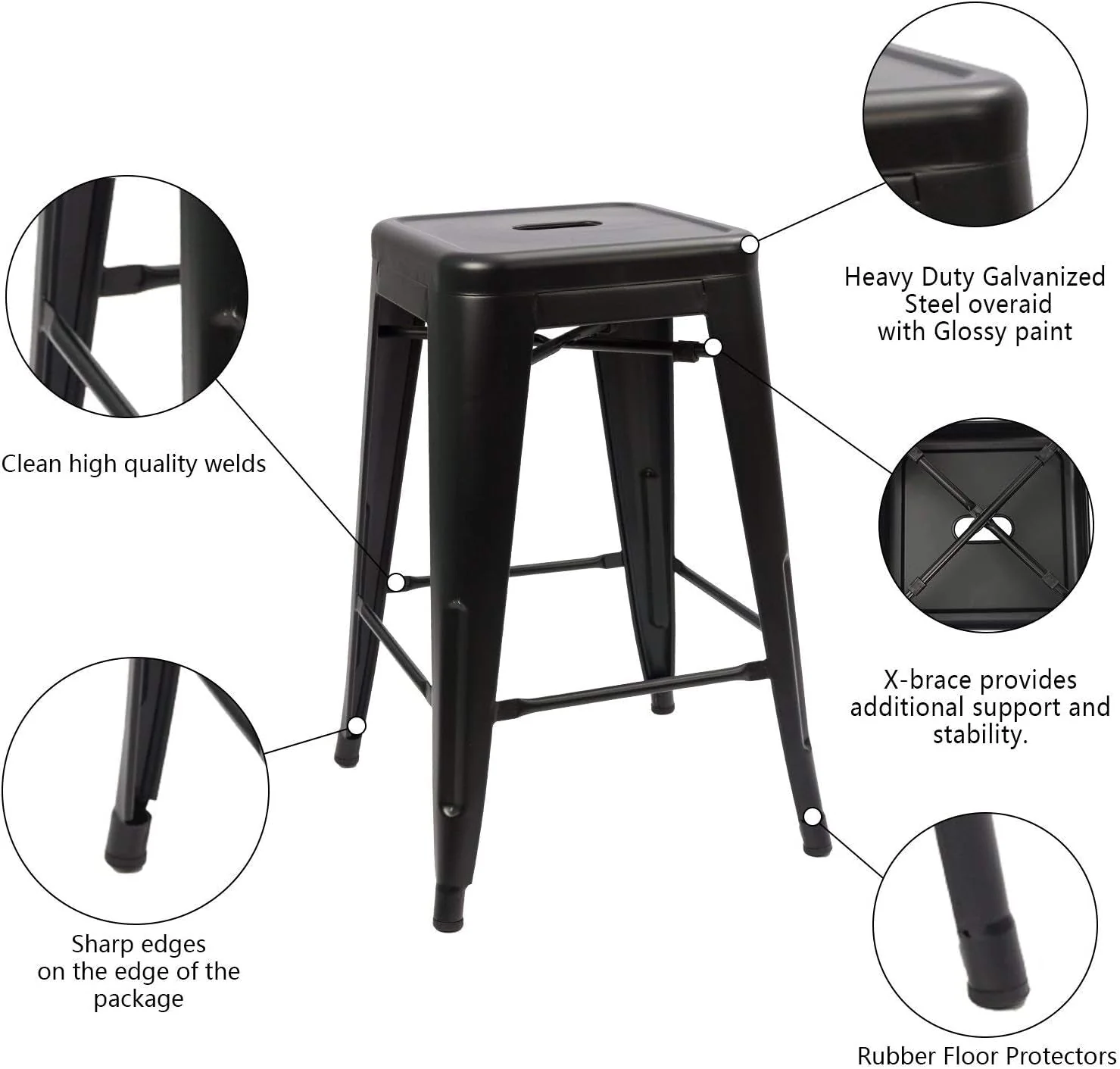 Set of 4 - 24-in. Indoor/Outdoor Backless Stacking Black Metal Barstools - Image 4