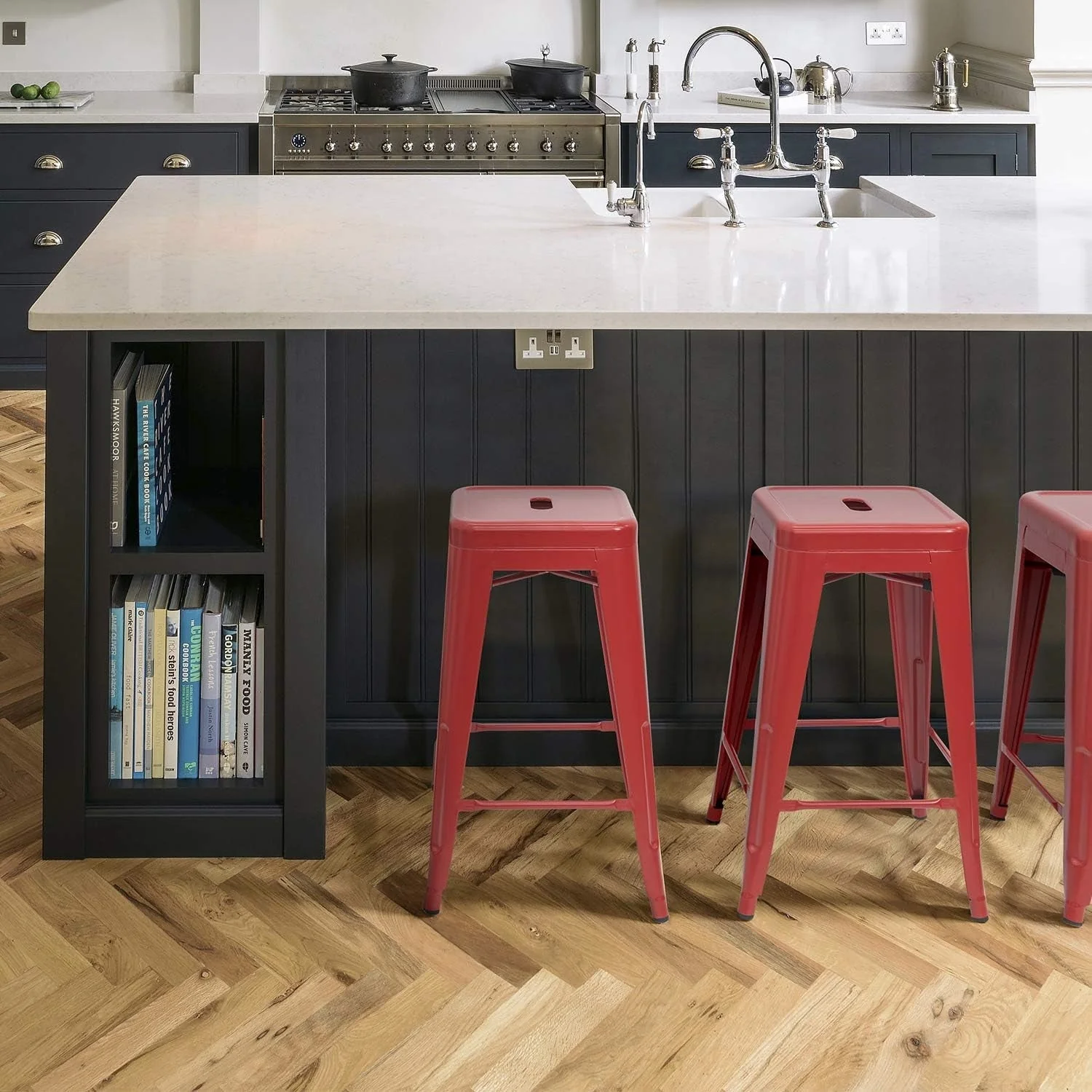 Set of 4 - 24-in. Indoor/Outdoor Backless Stacking Red Metal Barstools - Image 2