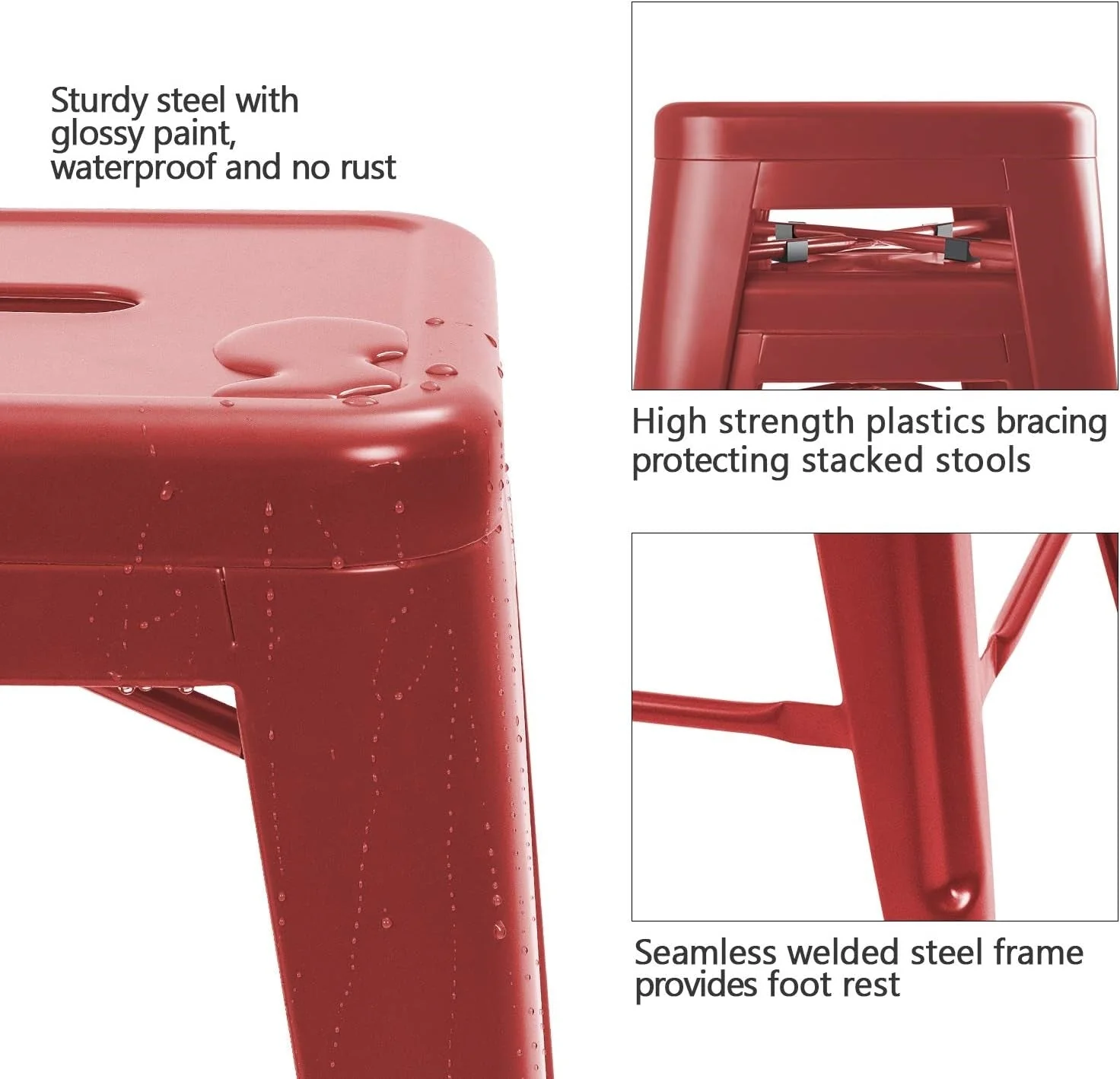 Set of 4 - 24-in. Indoor/Outdoor Backless Stacking Red Metal Barstools - Image 4