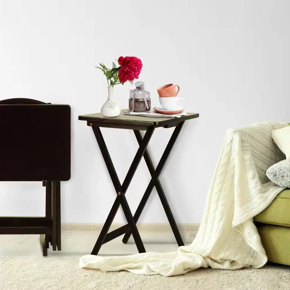 Set of 4 - Folding TV Tray Table Set with Stand in Dark Brown Wood Finish - Image 3