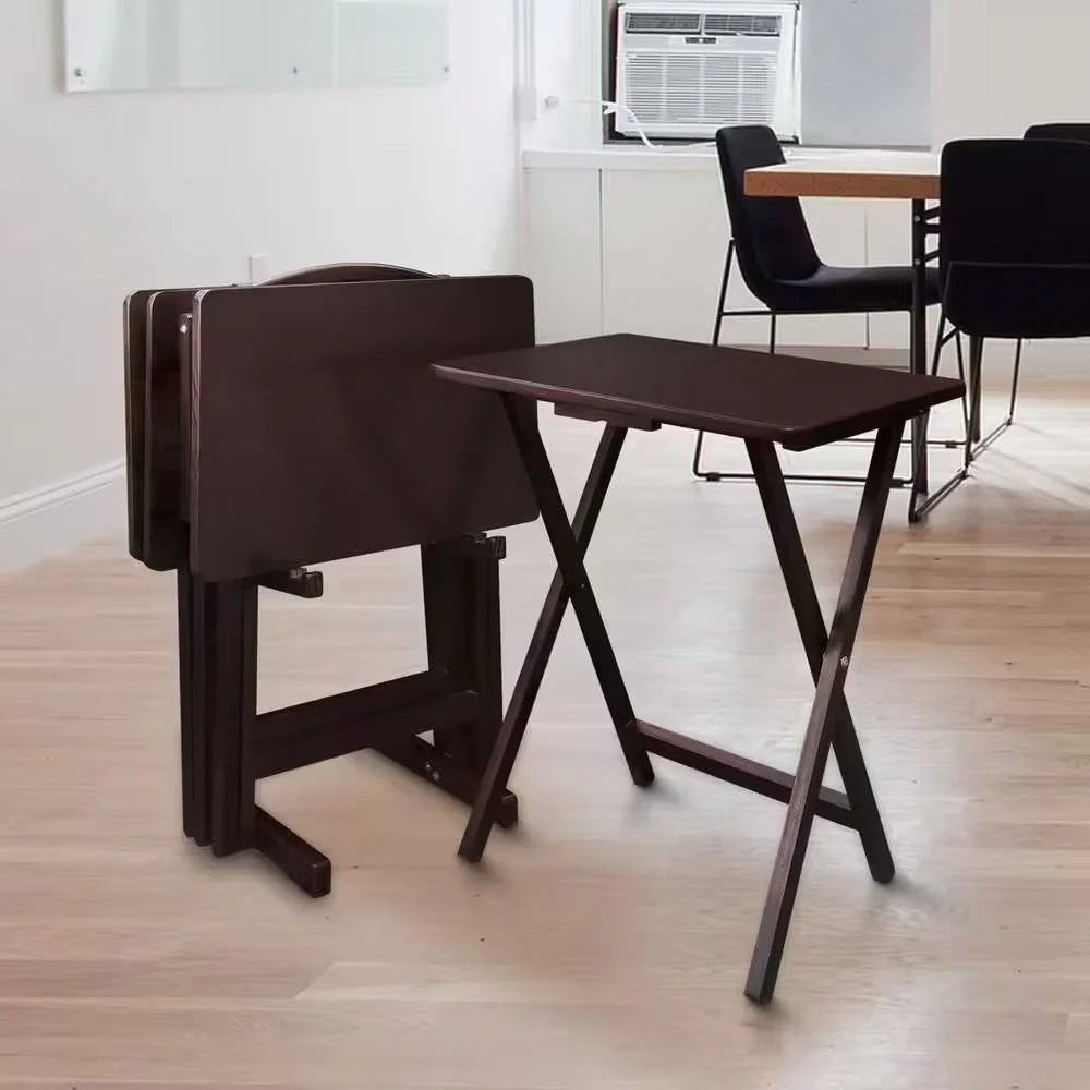 Set of 4 - Folding TV Tray Table Set with Stand in Dark Brown Wood Finish - Image 4